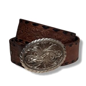 VINTAGE Brown Floral Embossed Leather Western Belt with Engraved Buckle